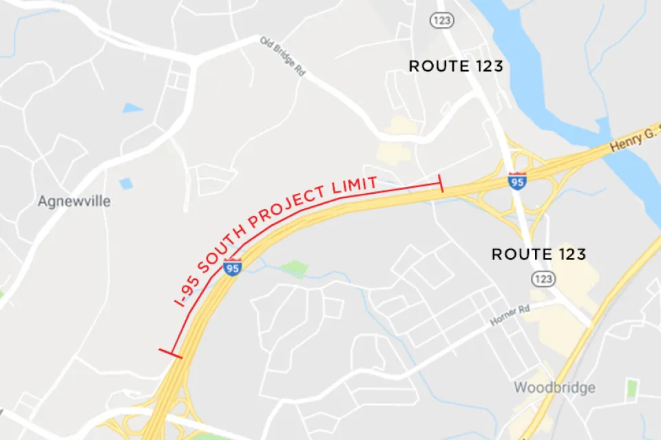 A map of the area of Virginia near Occoquan, Virginia shows. stretch of Interstate 95 that will be widened.